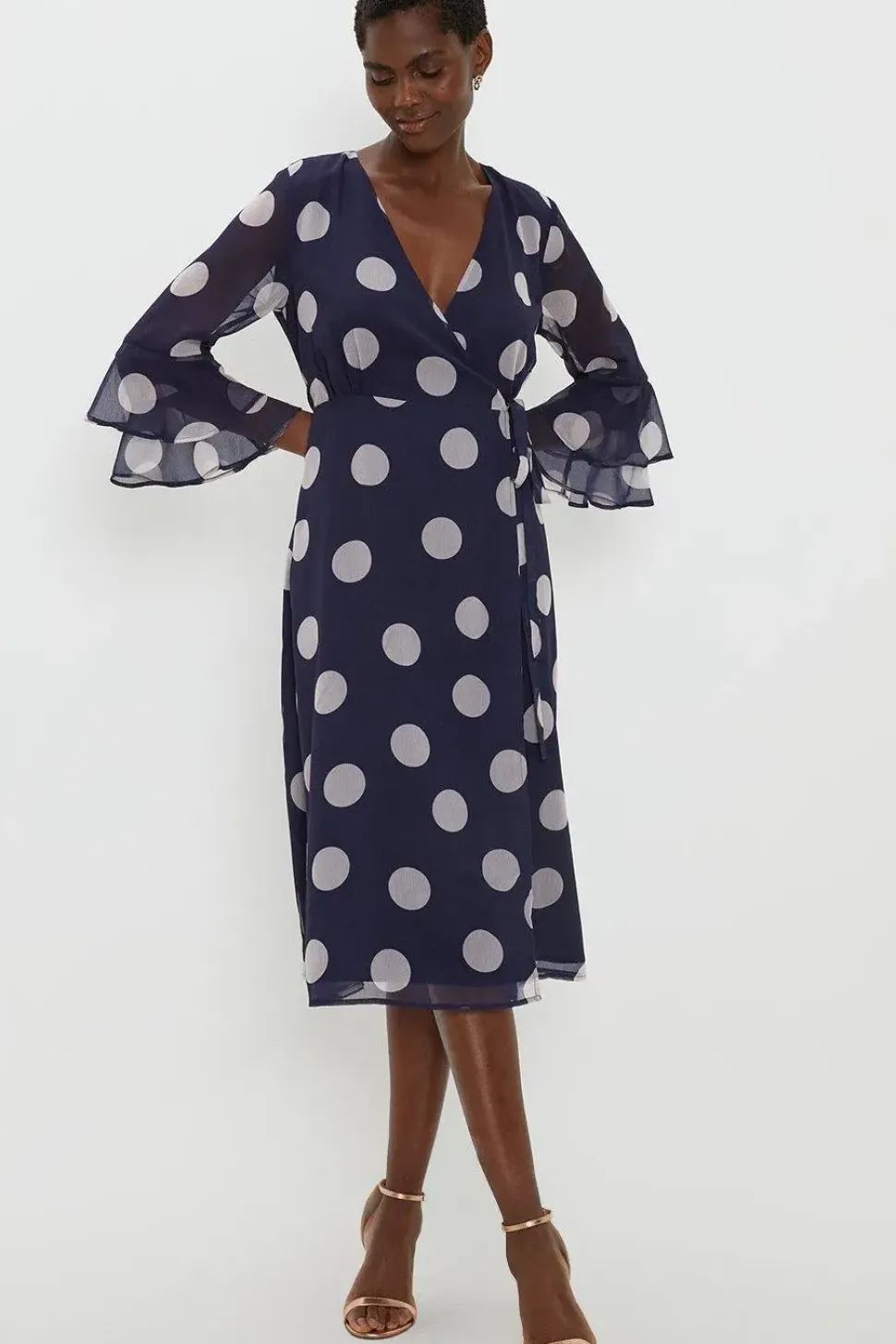 Navy Spot Flute Sleeve Wrap Dress