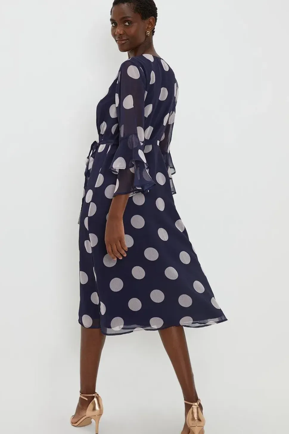 Navy Spot Flute Sleeve Wrap Dress