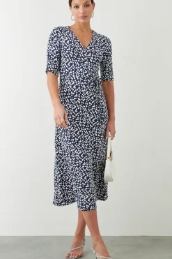 Navy Spot Print  Wrap Midi Dress