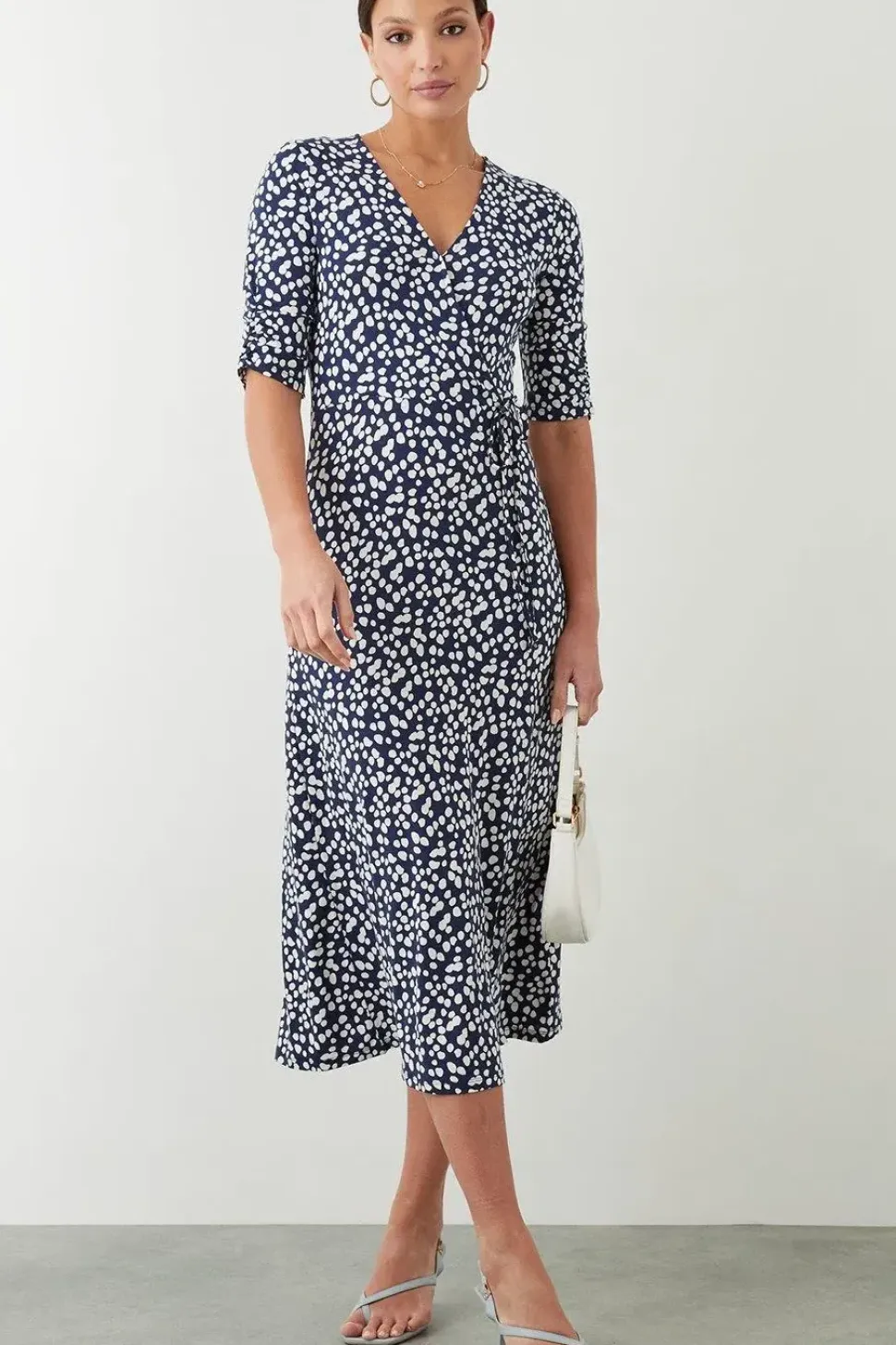 Navy Spot Print Wrap Midi Dress