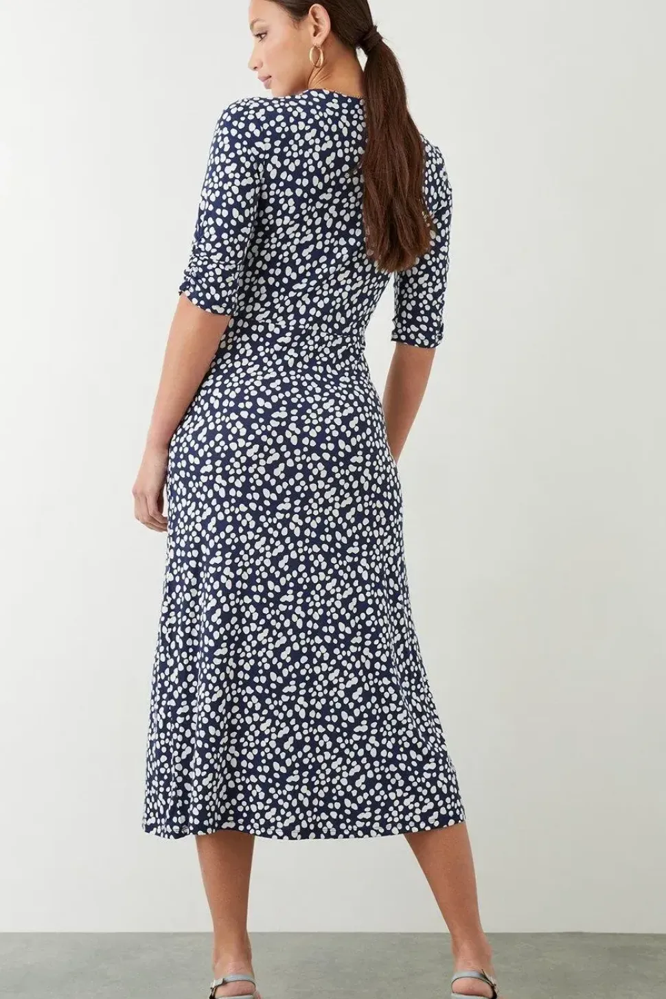 Navy Spot Print Wrap Midi Dress