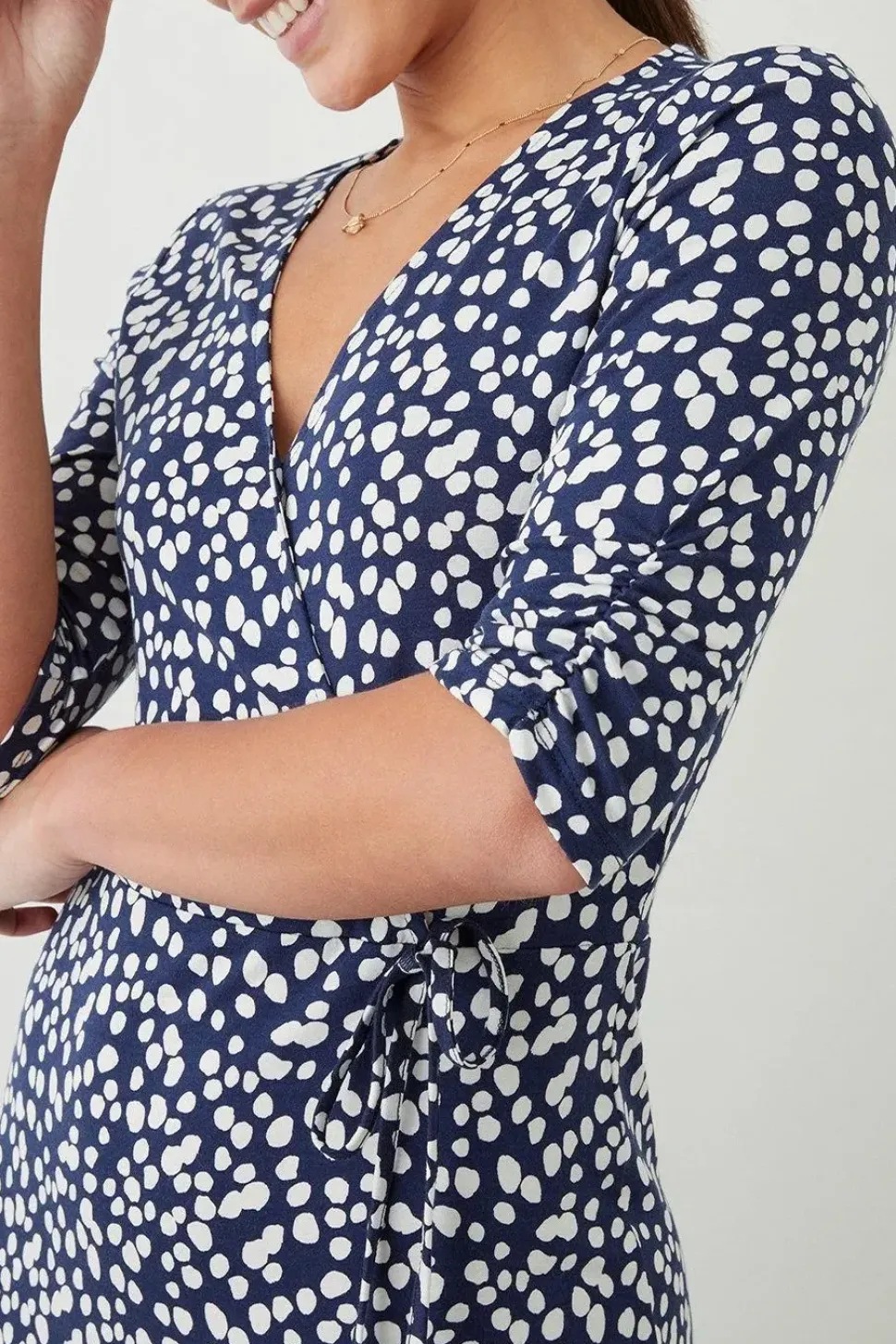 Navy Spot Print Wrap Midi Dress