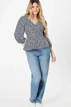 Navy Spot Wrap Blouse