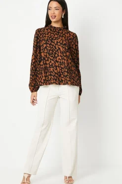 Neutral Abstract Print Blouson Sleeve Top