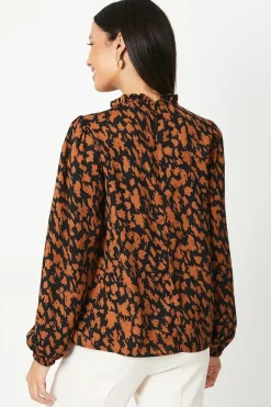 Neutral Abstract Print Blouson Sleeve Top