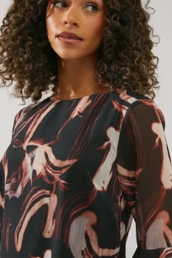 Neutral Swirl Print Flute Sleeve Shift Dress