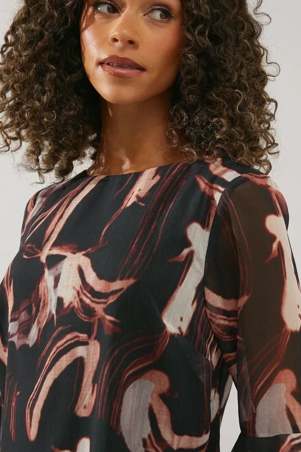 Neutral Swirl Print Flute Sleeve Shift Dress