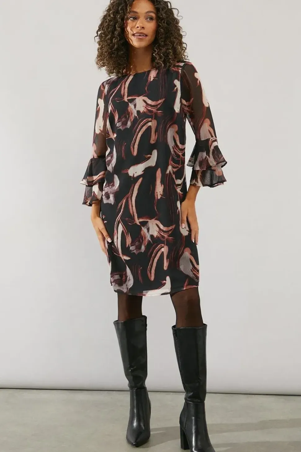 Neutral Swirl Print Flute Sleeve Shift Dress