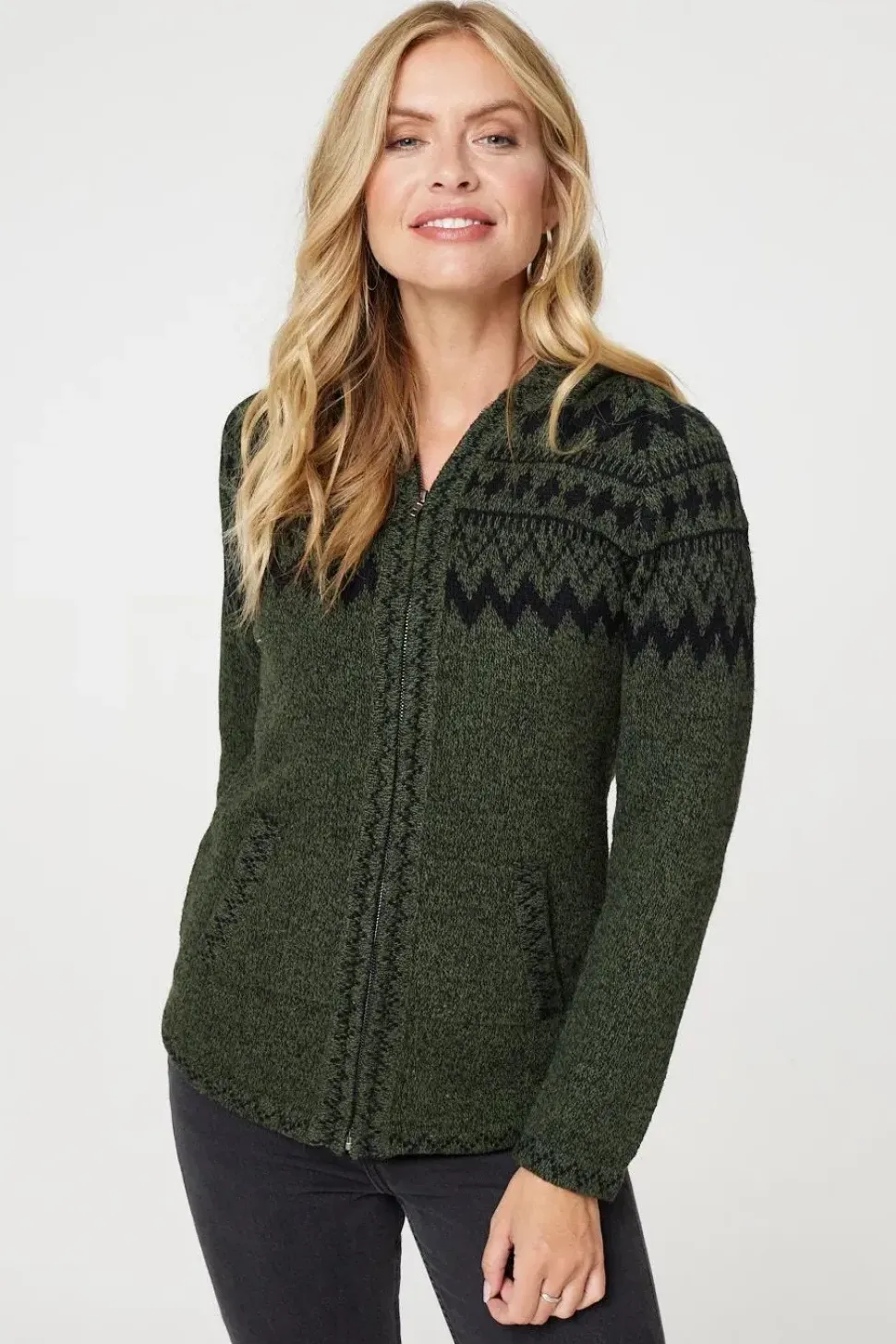 Nordic Print Zip Front Hooded Cardigan
