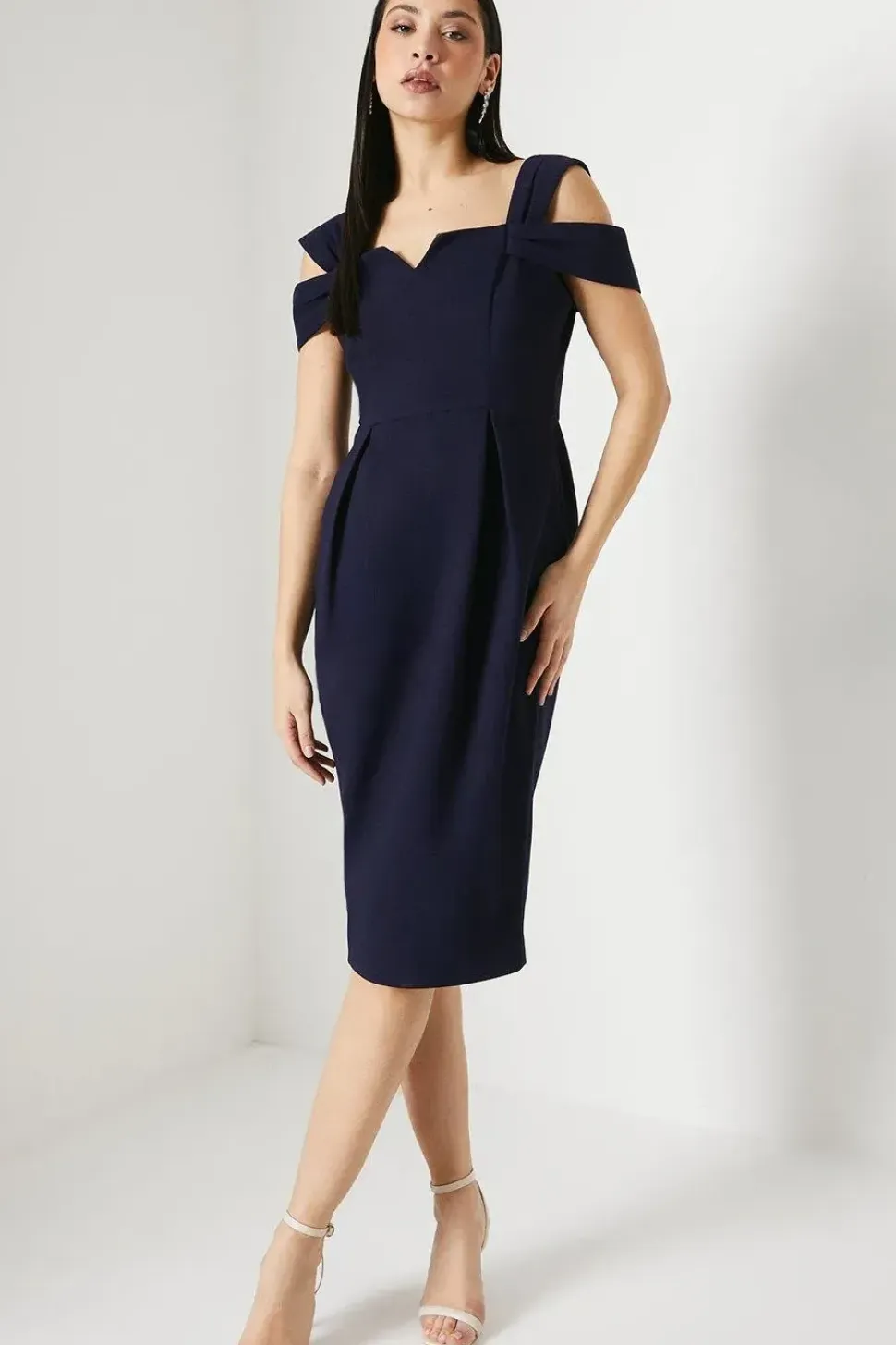 Notch Neck Bardot Detail Crepe Pencil Dress