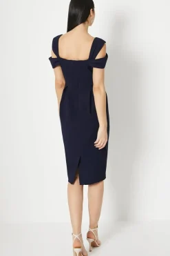 Notch Neck Bardot Detail Crepe Pencil Dress