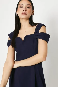 Notch Neck Bardot Detail Crepe Pencil Dress
