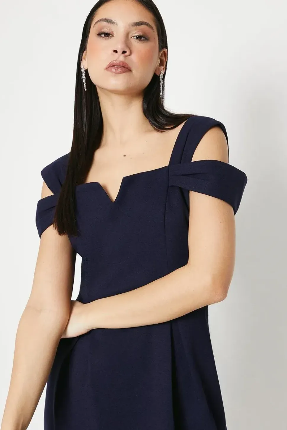 Notch Neck Bardot Detail Crepe Pencil Dress