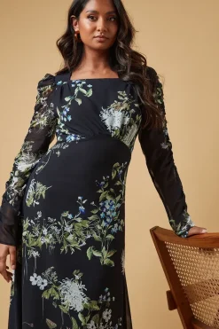 Occasion Abstract Floral Ruched Sleeve Midaxi Dress