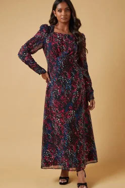 Occasion Abstract Spot Ruched Sleeve Midaxi Dress