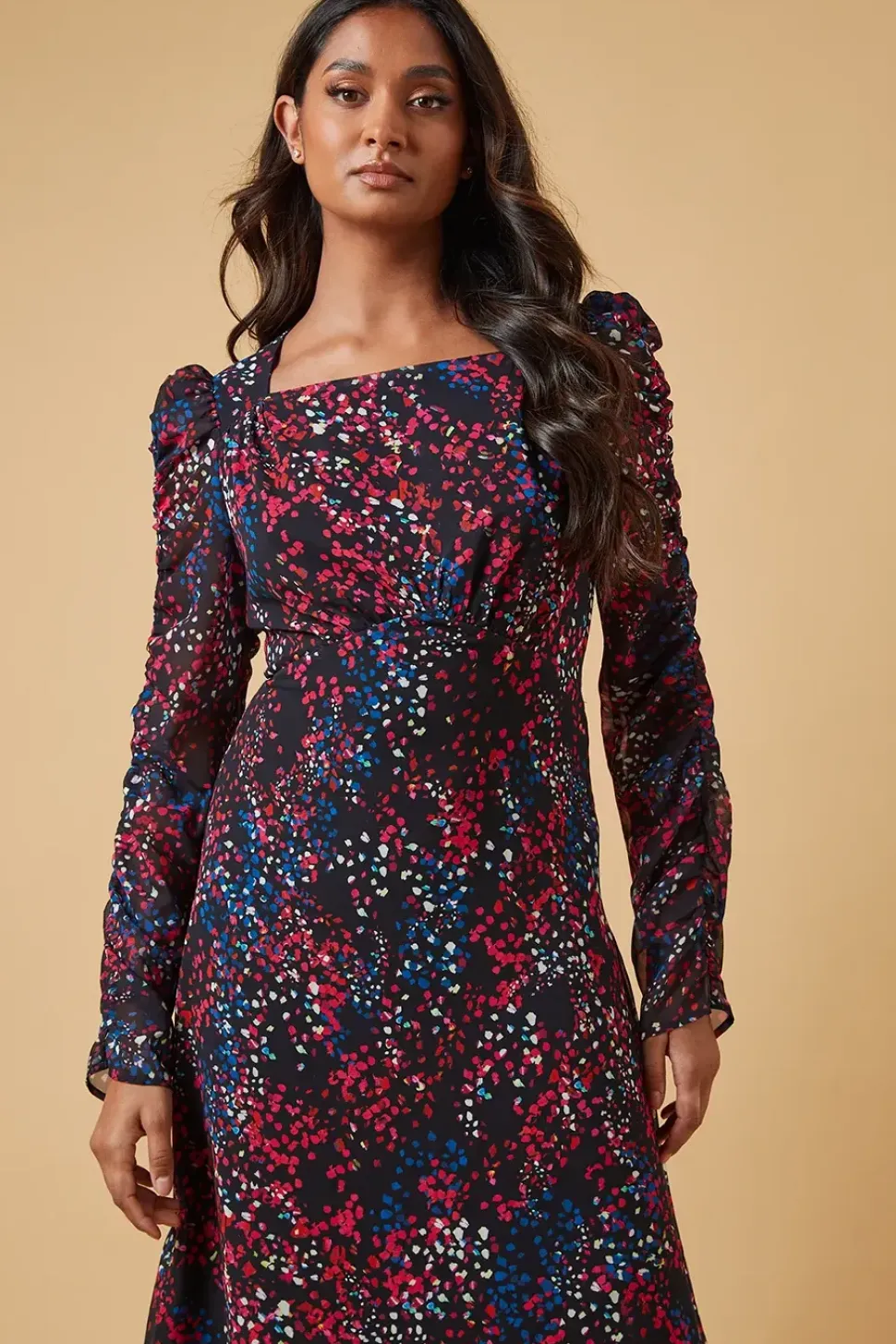 Occasion Abstract Spot Ruched Sleeve Midaxi Dress