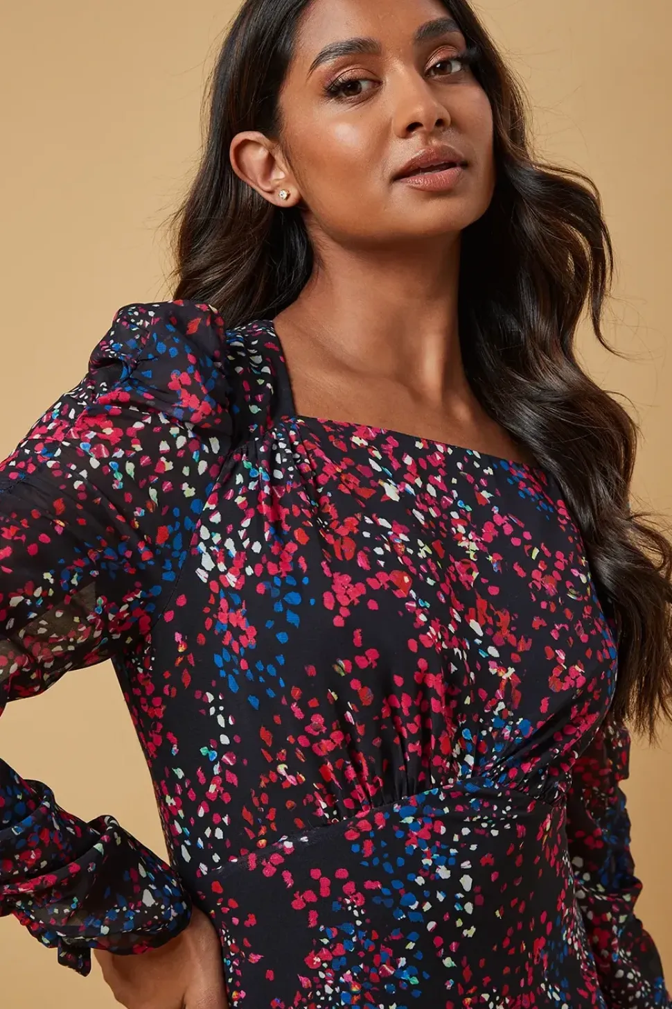 Occasion Abstract Spot Ruched Sleeve Midaxi Dress