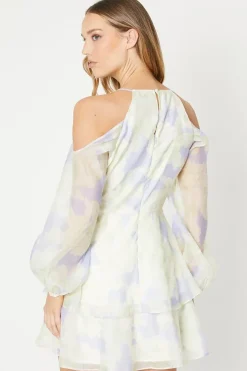 Occasion Blue Floral Organza Cold Shoulder Mini Dress