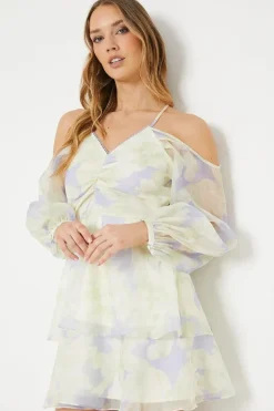 Occasion Blue Floral Organza Cold Shoulder Mini Dress