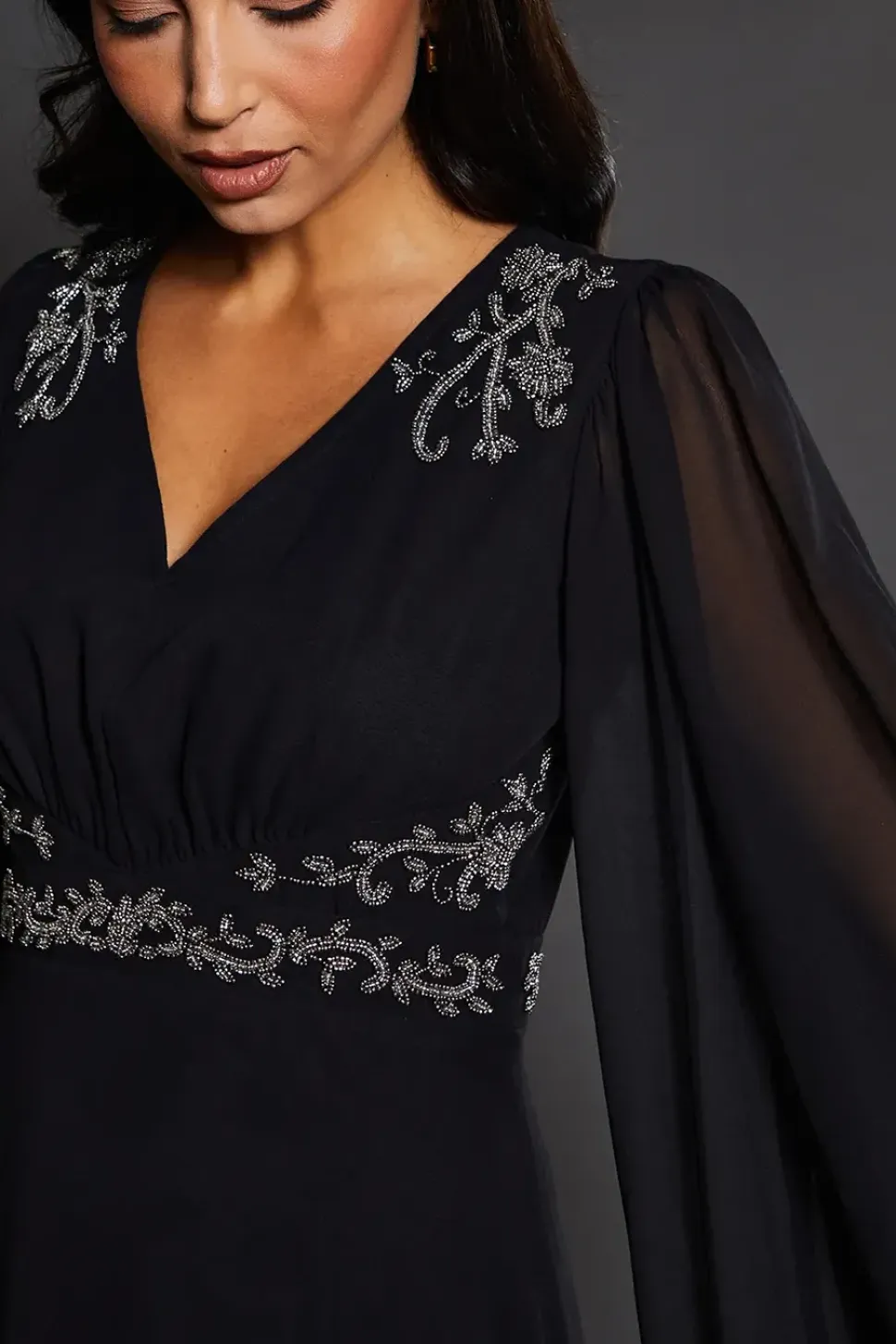 Occasion Embellished Cape Sleeve Maxi Dress