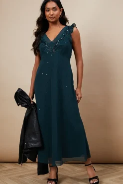Occasion Embellished Frill Sleeve Midi Dress