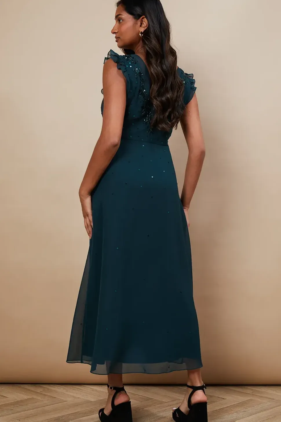 Occasion Embellished Frill Sleeve Midi Dress