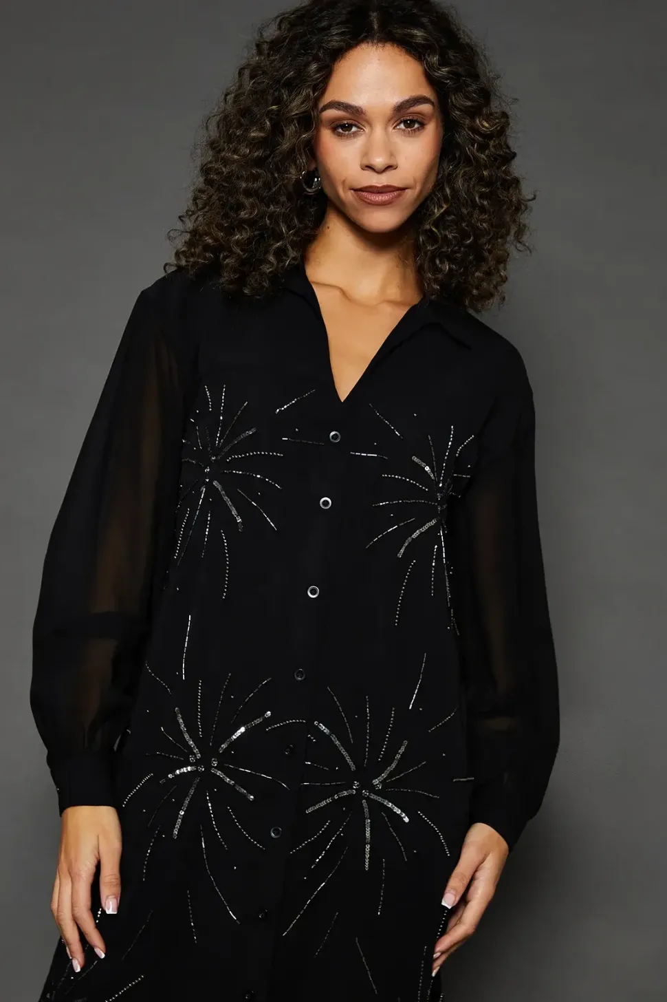 Occasion Embellished Sequin Midi Shirt Dress