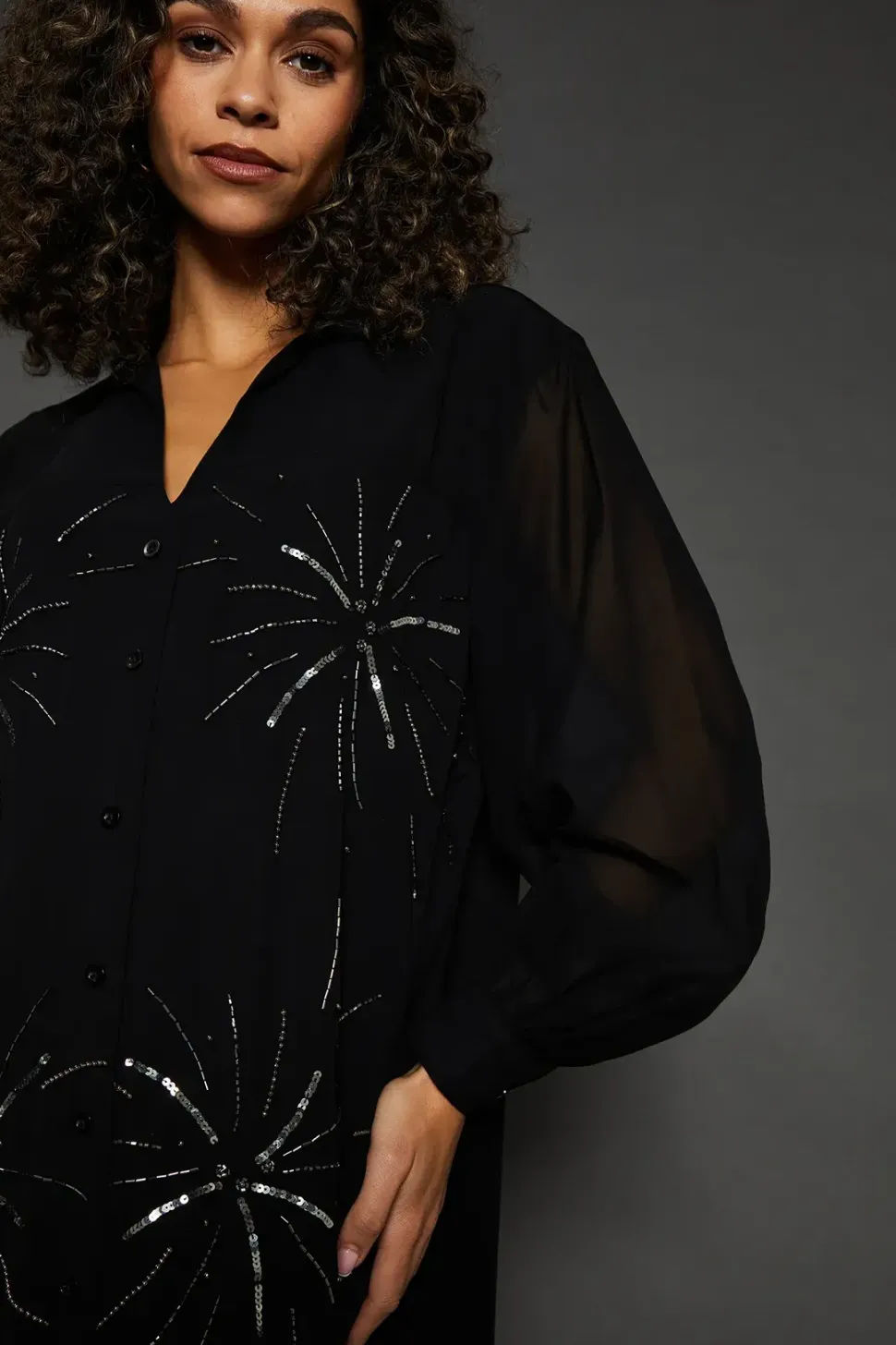 Occasion Embellished Sequin Midi Shirt Dress