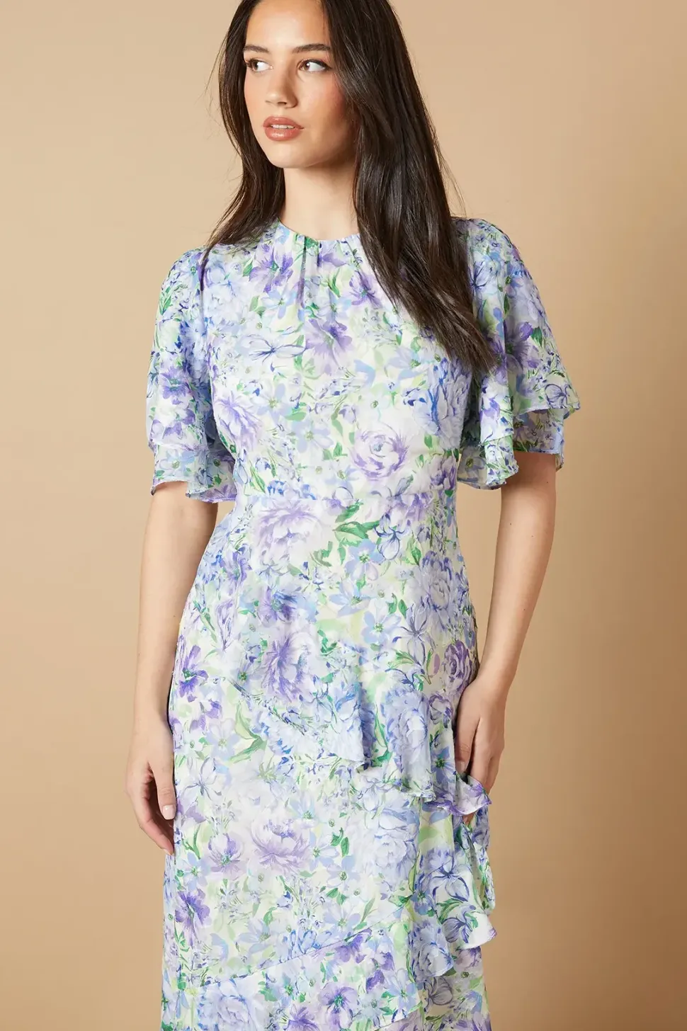 Occasion Floral Asymmetric Ruffle Jacquard Midi Dress
