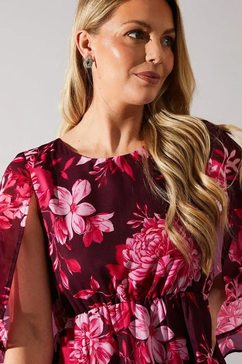 Occasion Floral Cape Ruffle Midi Dress