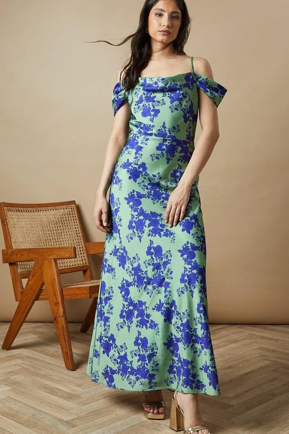 Occasion Floral Cold Shoulder Satin Maxi Dress