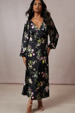 Occasion Floral Cross Back Satin Midaxi Dress