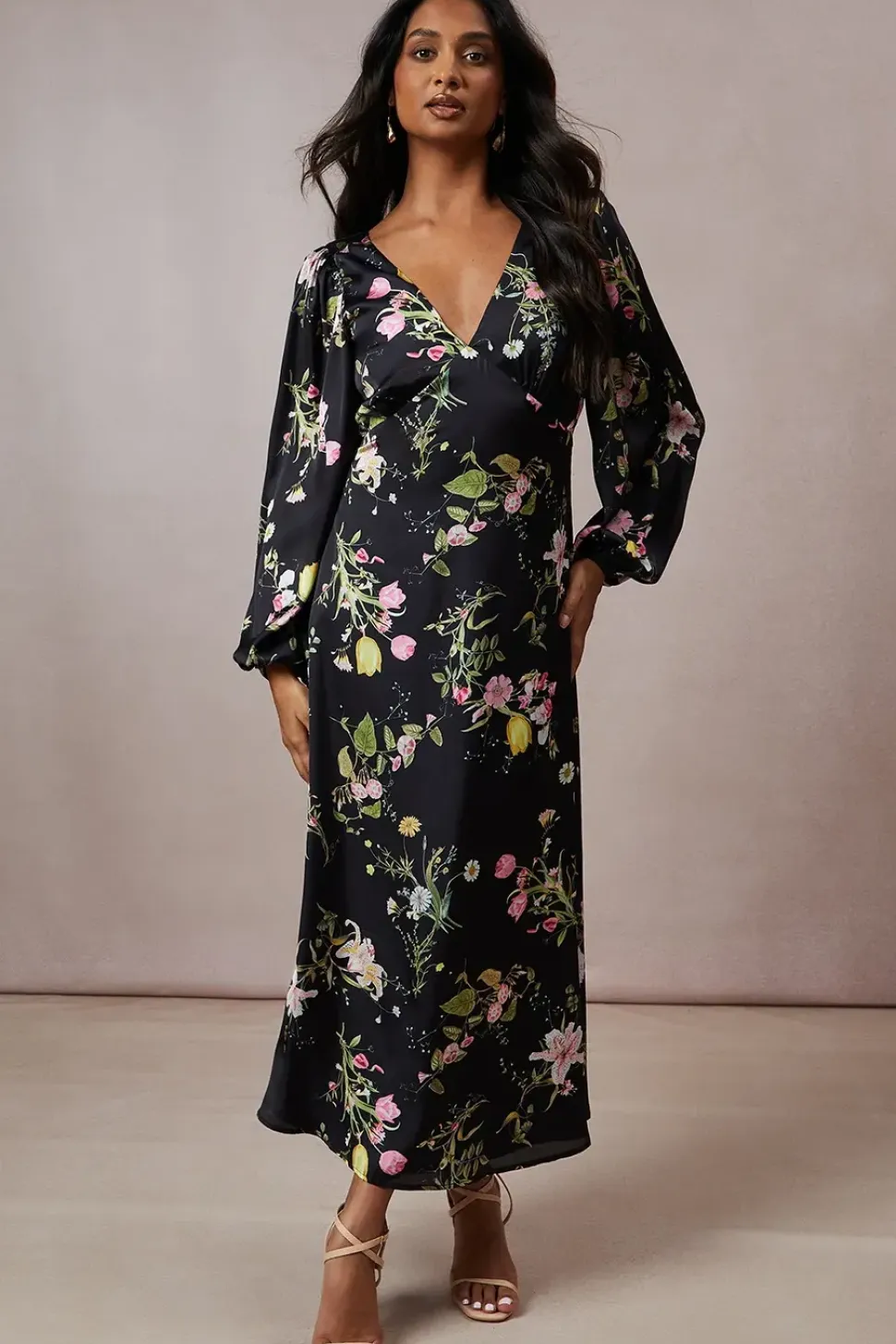 Occasion Floral Cross Back Satin Midaxi Dress