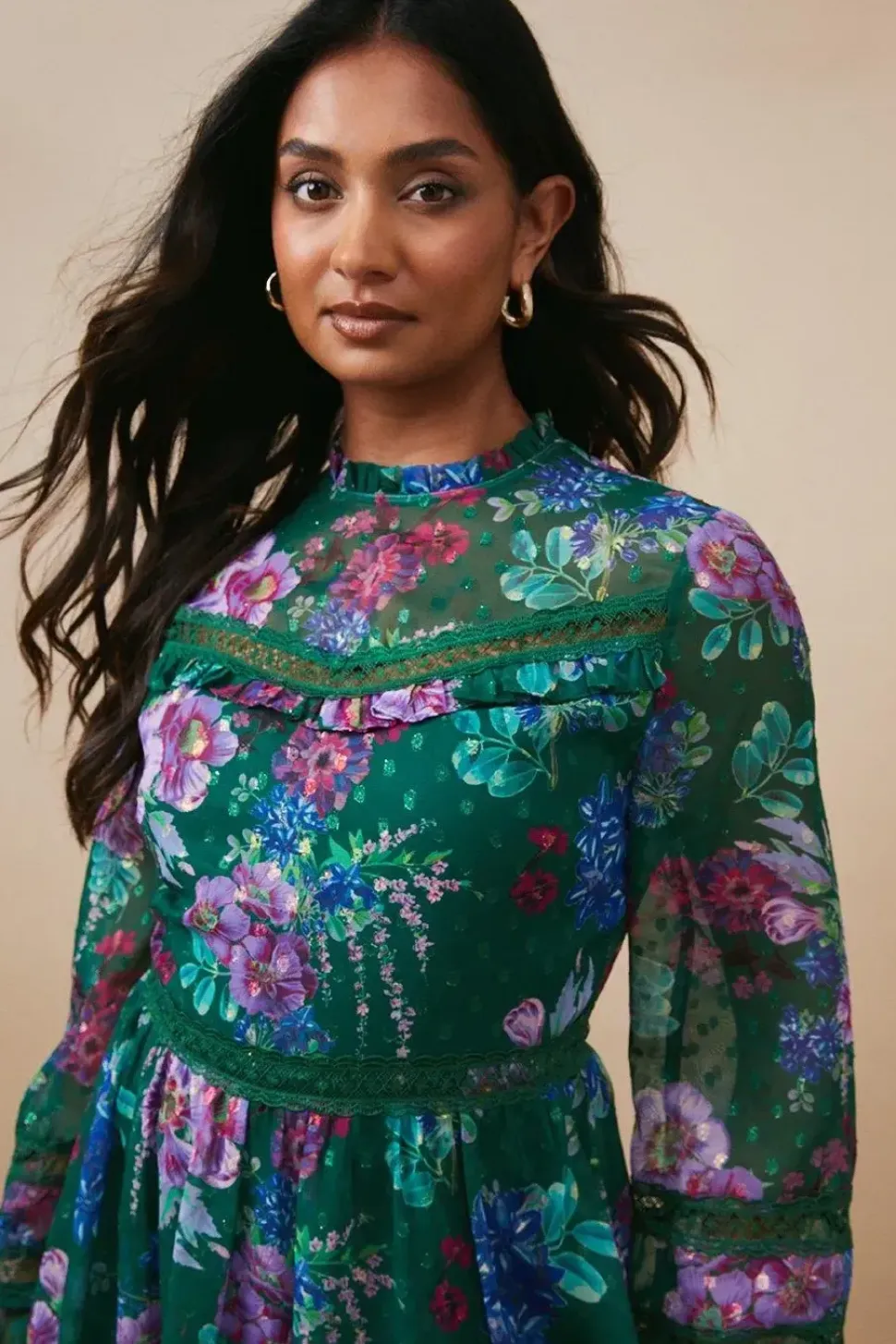 Occasion Floral Glitter Lace Trim Midi Dress