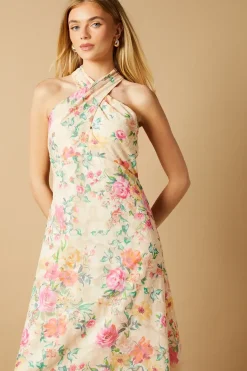 Occasion Floral Halterneck Jacquard Midi Dress