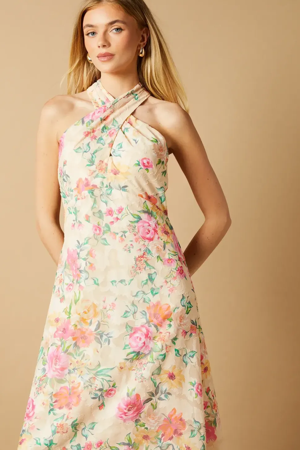 Occasion Floral Halterneck Jacquard Midi Dress