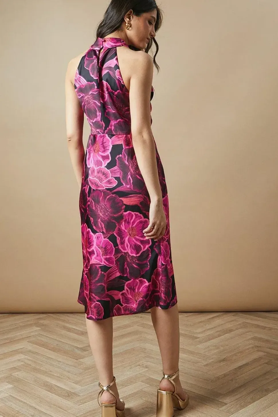 Occasion Floral Halterneck Satin Midi Dress