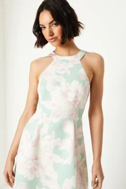 Occasion Floral Halterneck Twill Midi Dress