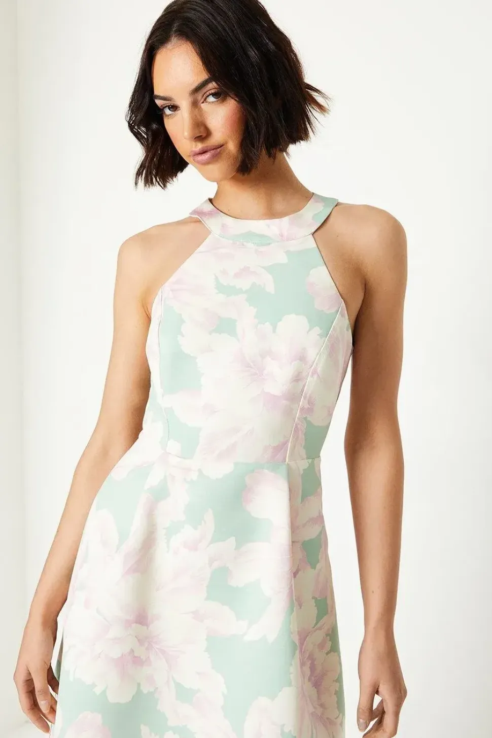Occasion Floral Halterneck Twill Midi Dress