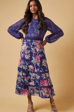 Occasion Floral Lace Bodice Midi Dress