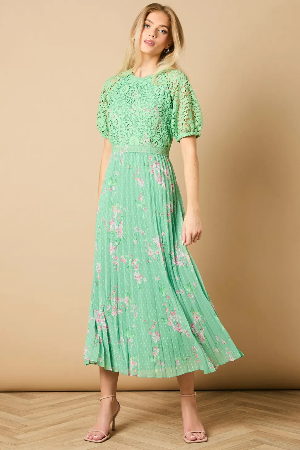Occasion Floral Lace Bodice Pleated Midi Dress