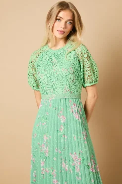Occasion Floral Lace Bodice Pleated Midi Dress