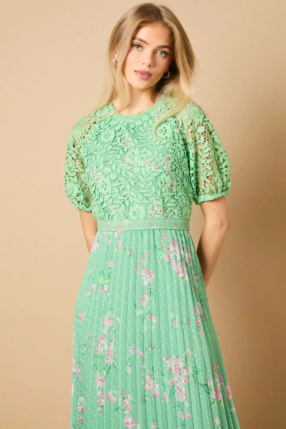 Occasion Floral Lace Bodice Pleated Midi Dress