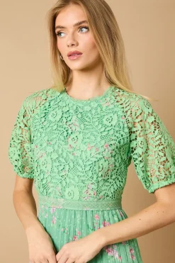 Occasion Floral Lace Bodice Pleated Midi Dress