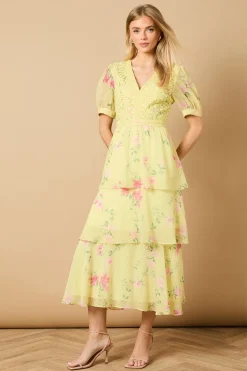 Occasion Floral Lace Bodice Tiered Midi Dress