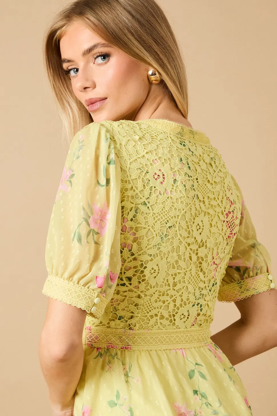Occasion Floral Lace Bodice Tiered Midi Dress