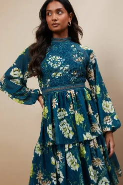 Occasion Floral Lace Trim Dobby Chiffon Tiered Midaxi Dress