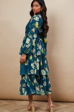 Occasion Floral Lace Trim Dobby Chiffon Tiered Midaxi Dress