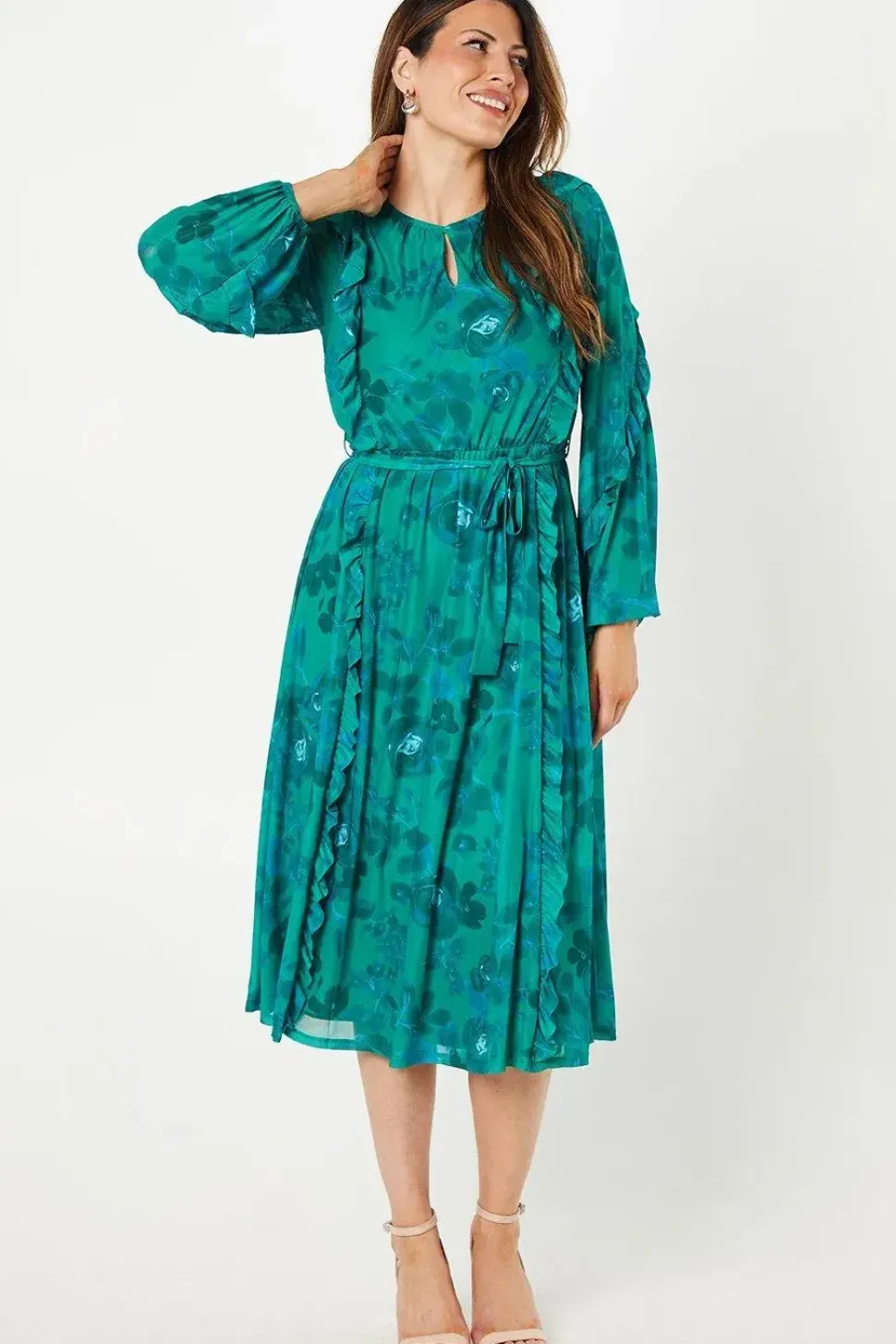 Occasion Floral Mesh Ruffle Midi Dress