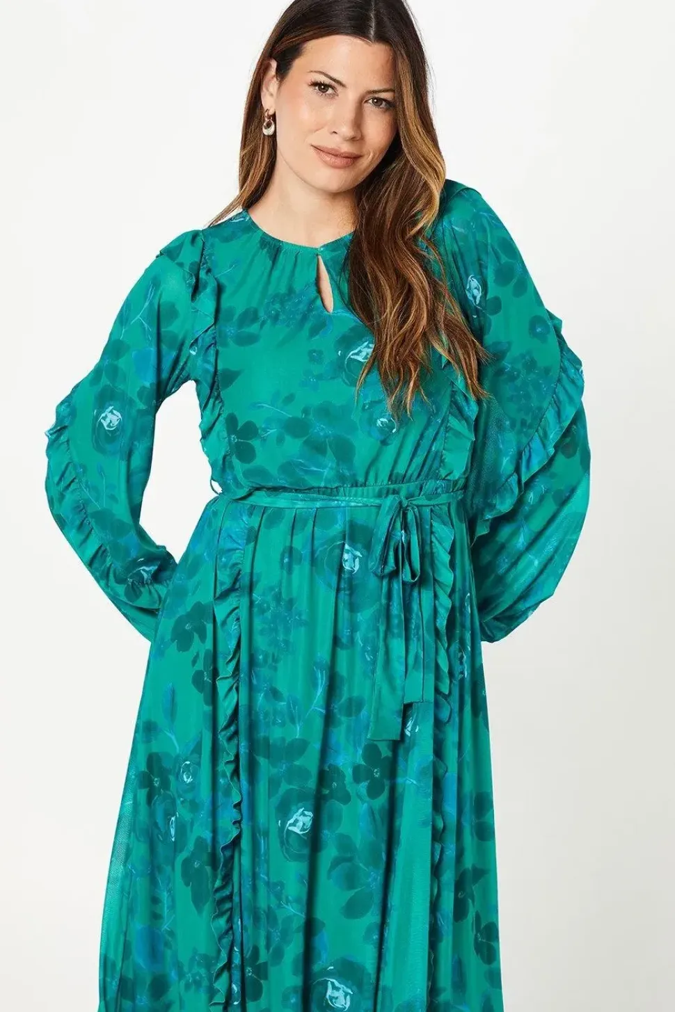 Occasion Floral Mesh Ruffle Midi Dress